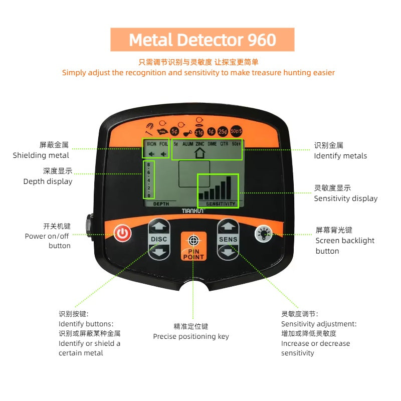 10 meter underground metal detector 960 high sensitivity for outdoor exploration of gold, silver, copper coins, and archaeological treasures in old houses. Sound report of the instrument