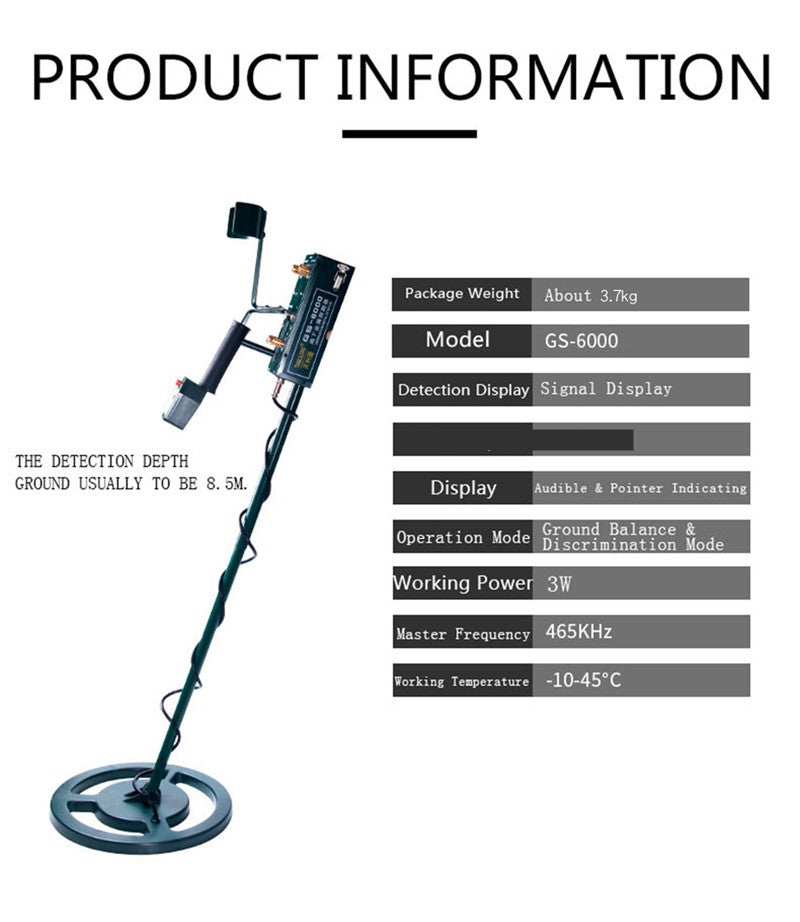 GS-6000 Underground Metal Detector Treasure Gold Silver Copper Hunter Digger Kit Headphone Max Depth 8.5m With LED Screen