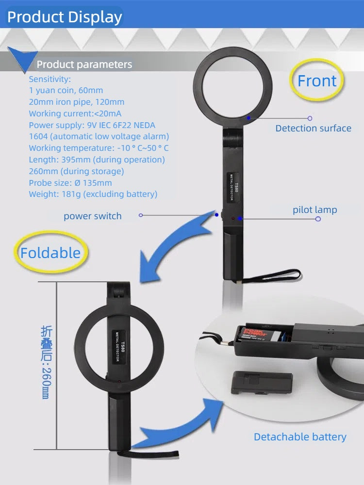 TS-80 Handheld Metal Detector Portable Foldable High Sensitivity Station Terminal Airport School Court Security Detector
